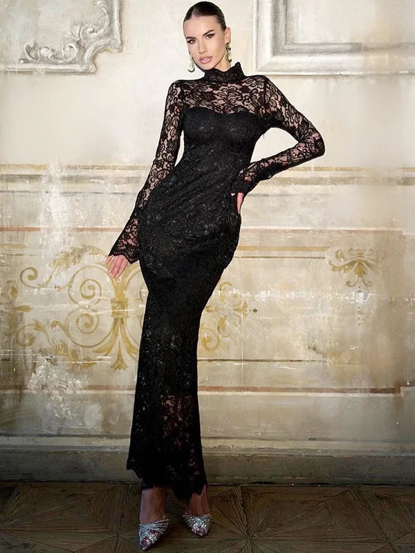 Articat Elegant Long Sleeved Lace Patchwork Women Long Dress 2024 Summer New Fashion Sexy Slim Fit Bodycon Party Evening Dress