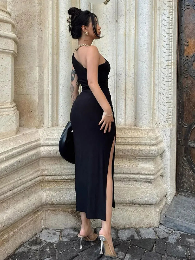 Black Maxi Dress Women Elegant Party Summer Fashion Sexy Split Sleeveless Backless Dress Off Shoulder Streetwear Club Slim Dress