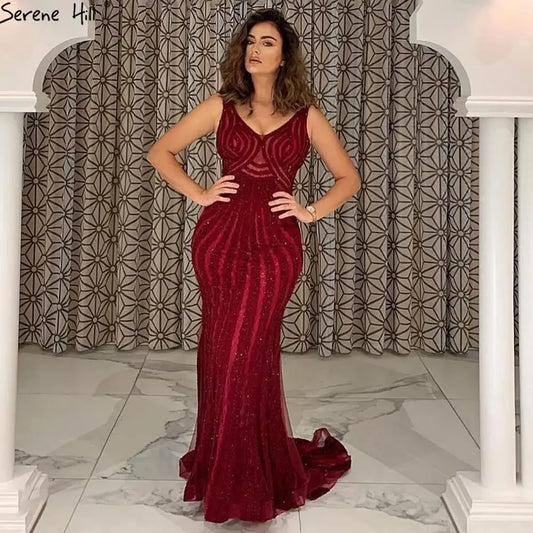 SERENE HILL Customized Dubai Burgundy Mermaid Simple Evening Dress 2025 Sleeveless V-Neck Women Wedding Party Gown CLA6693