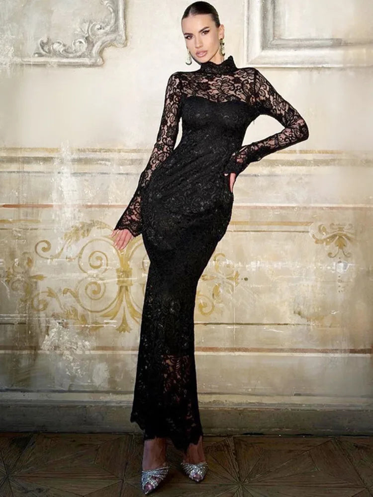 Articat Elegant Long Sleeved Lace Patchwork Women Long Dress 2024 Summer New Fashion Sexy Slim Fit Bodycon Party Evening Dress